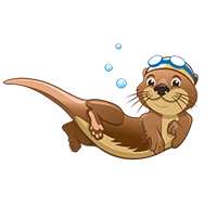 Smiling cartoon otter wearing goggles underwater
